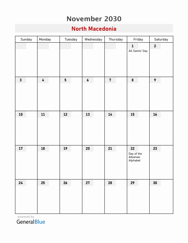 North Macedonia November 2030 Calendar with Holidays