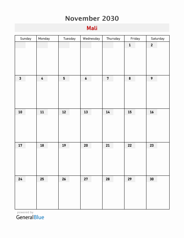 Mali November 2030 Calendar with Holidays
