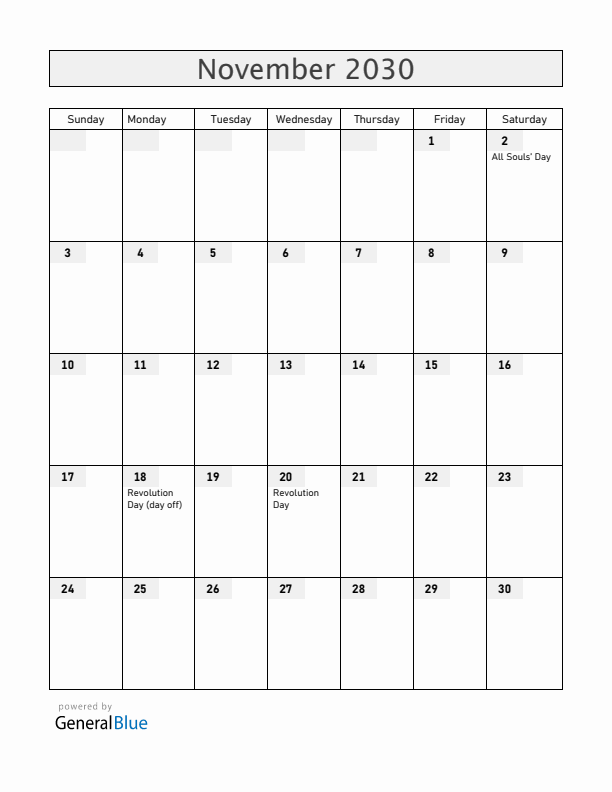 Mexico November 2030 Calendar with Holidays