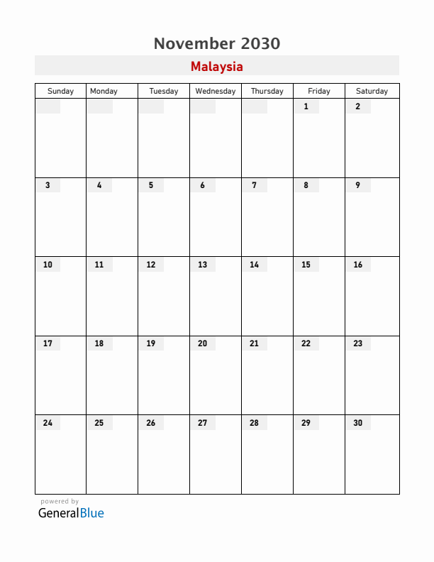 Malaysia November 2030 Calendar with Holidays