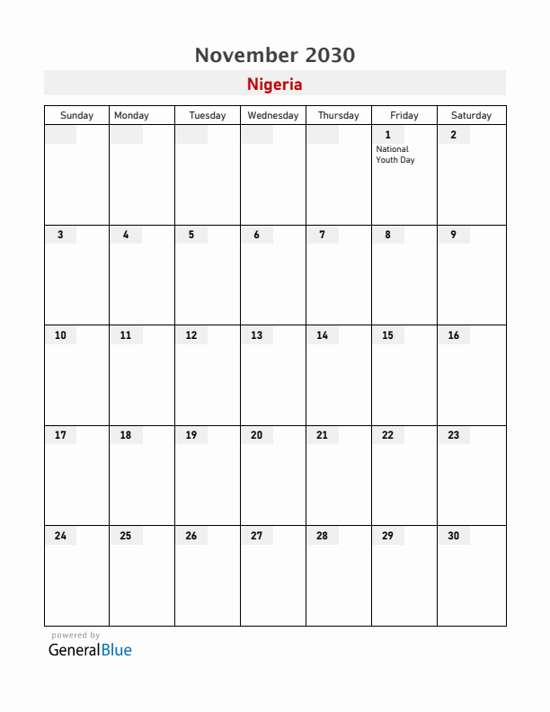 Nigeria November 2030 Calendar with Holidays