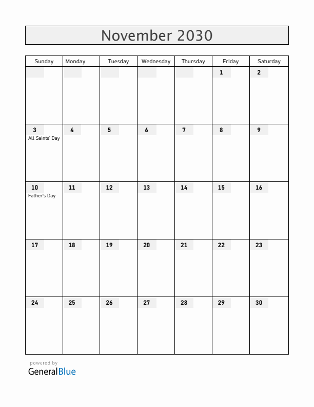 Norway November 2030 Calendar with Holidays