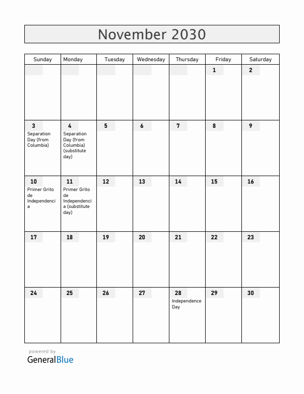 Panama November 2030 Calendar with Holidays