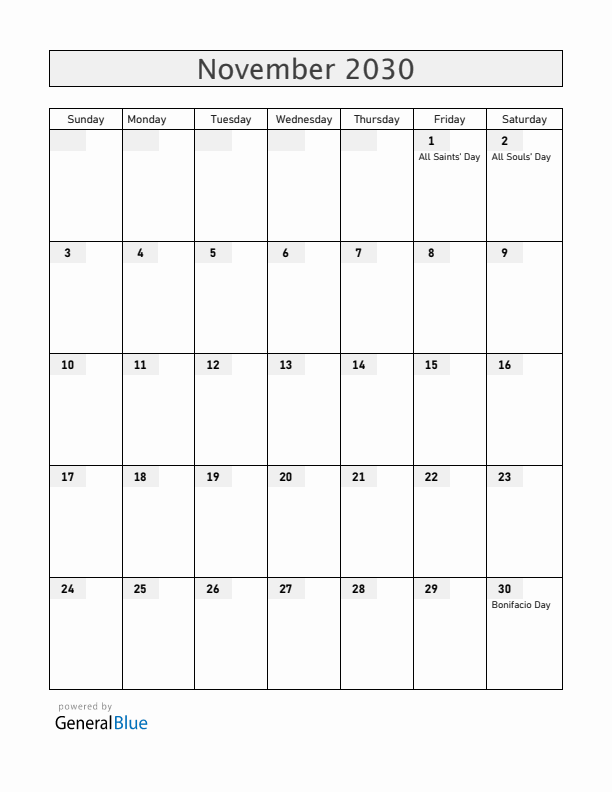 Philippines November 2030 Calendar with Holidays