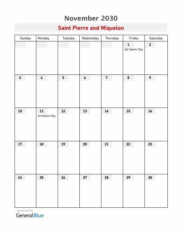 Saint Pierre and Miquelon November 2030 Calendar with Holidays