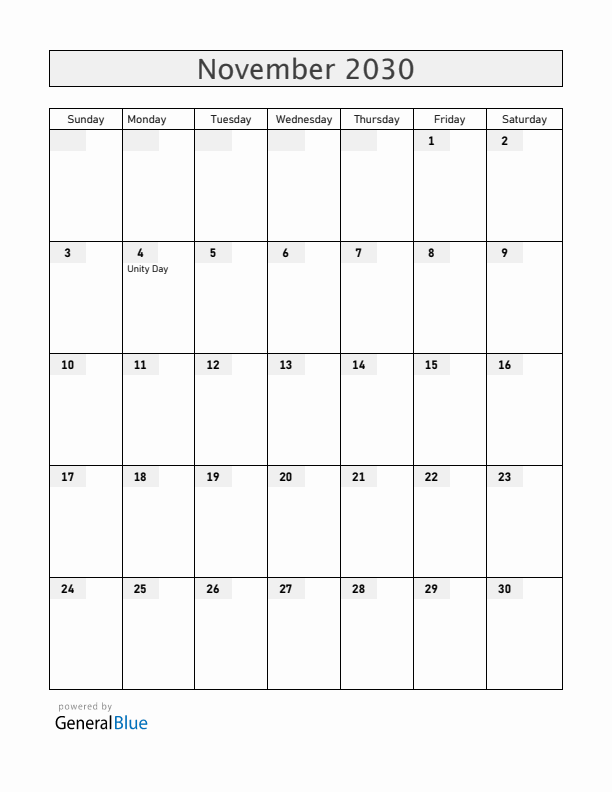 Russia November 2030 Calendar with Holidays