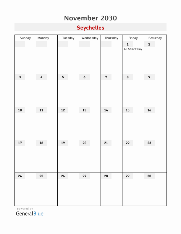 Seychelles November 2030 Calendar with Holidays