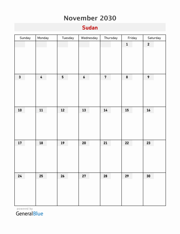 Sudan November 2030 Calendar with Holidays