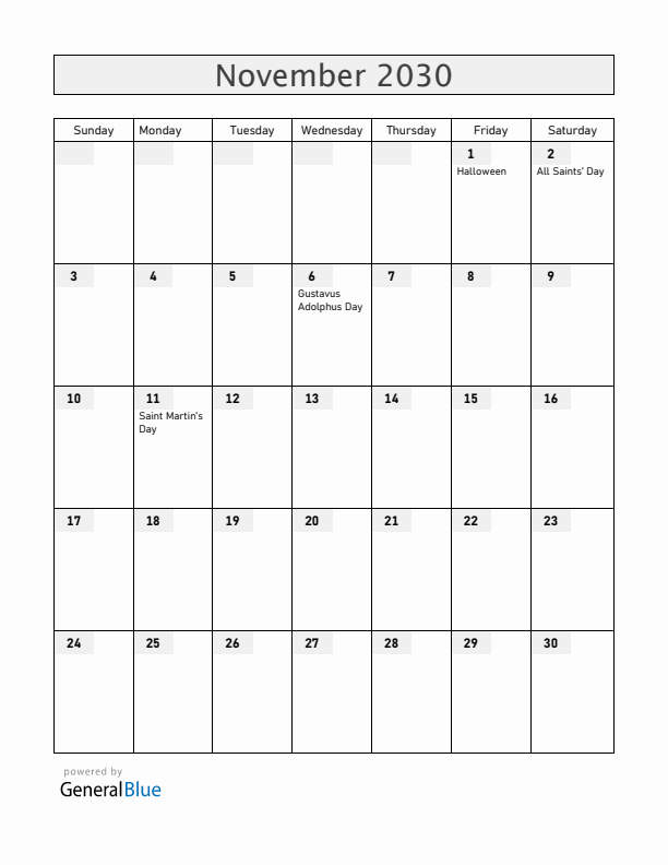 Sweden November 2030 Calendar with Holidays
