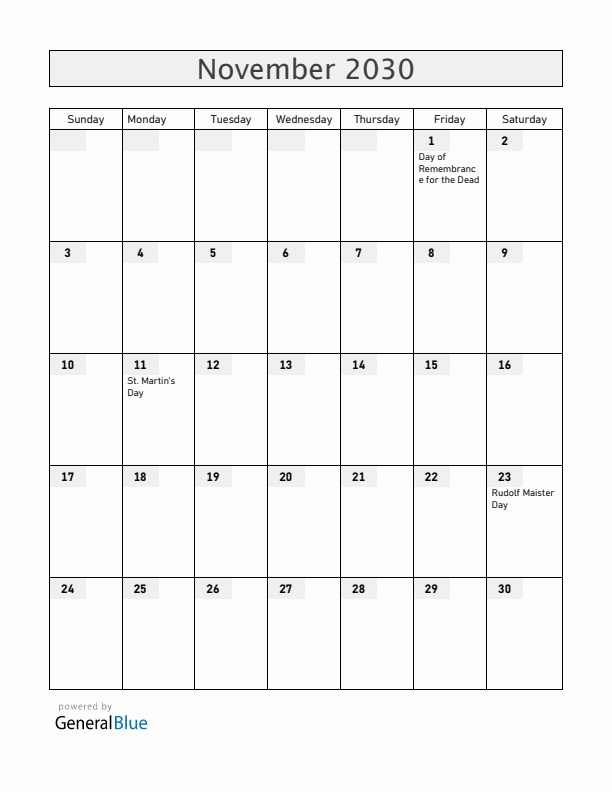 Slovenia November 2030 Calendar with Holidays