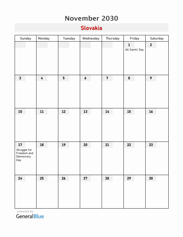 Slovakia November 2030 Calendar with Holidays