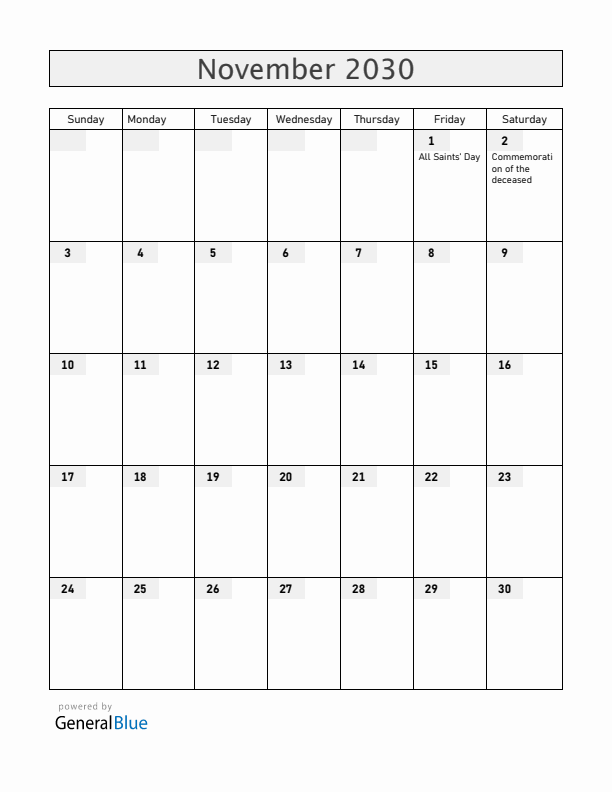 San Marino November 2030 Calendar with Holidays