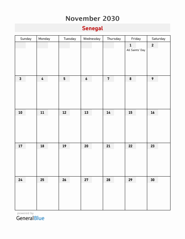 Senegal November 2030 Calendar with Holidays