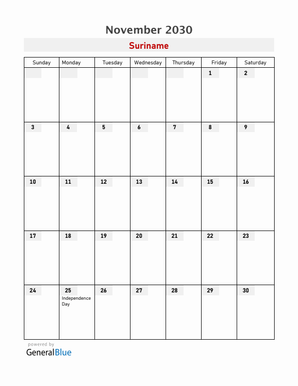 Suriname November 2030 Calendar with Holidays