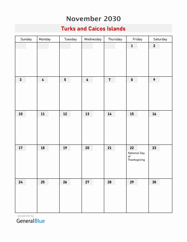 Turks and Caicos Islands November 2030 Calendar with Holidays