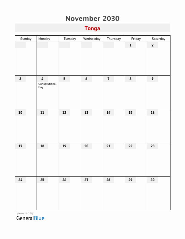 Tonga November 2030 Calendar with Holidays