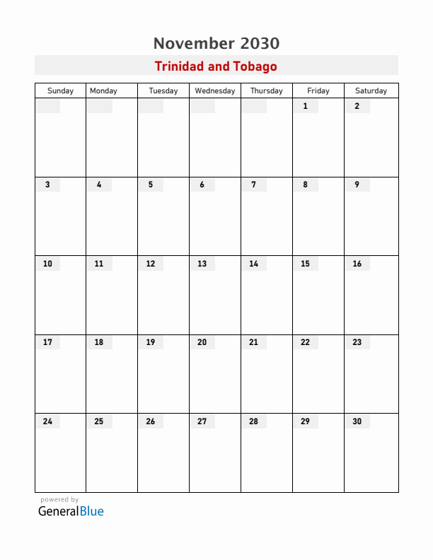Trinidad and Tobago November 2030 Calendar with Holidays