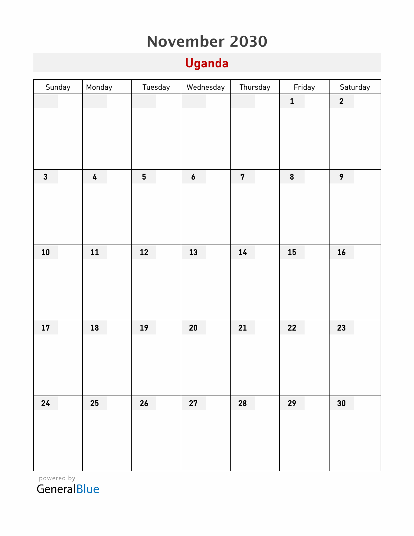 Uganda November 2030 Calendar with Holidays
