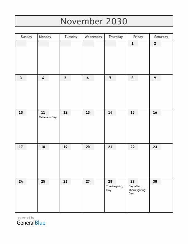 United States November 2030 Calendar with Holidays