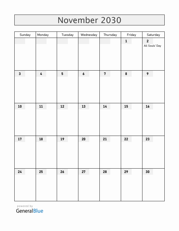 Uruguay November 2030 Calendar with Holidays