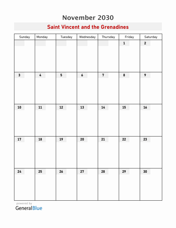 Saint Vincent and the Grenadines November 2030 Calendar with Holidays