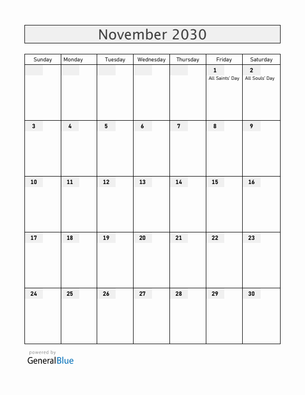 Venezuela November 2030 Calendar with Holidays