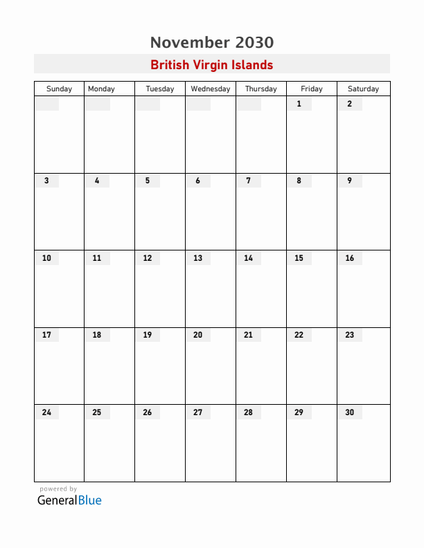 British Virgin Islands November 2030 Calendar with Holidays