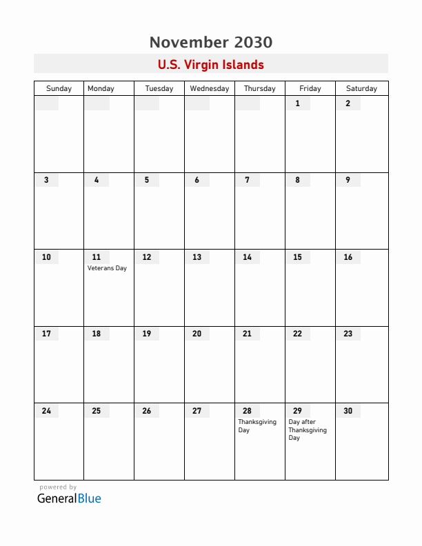 U.S. Virgin Islands November 2030 Calendar with Holidays
