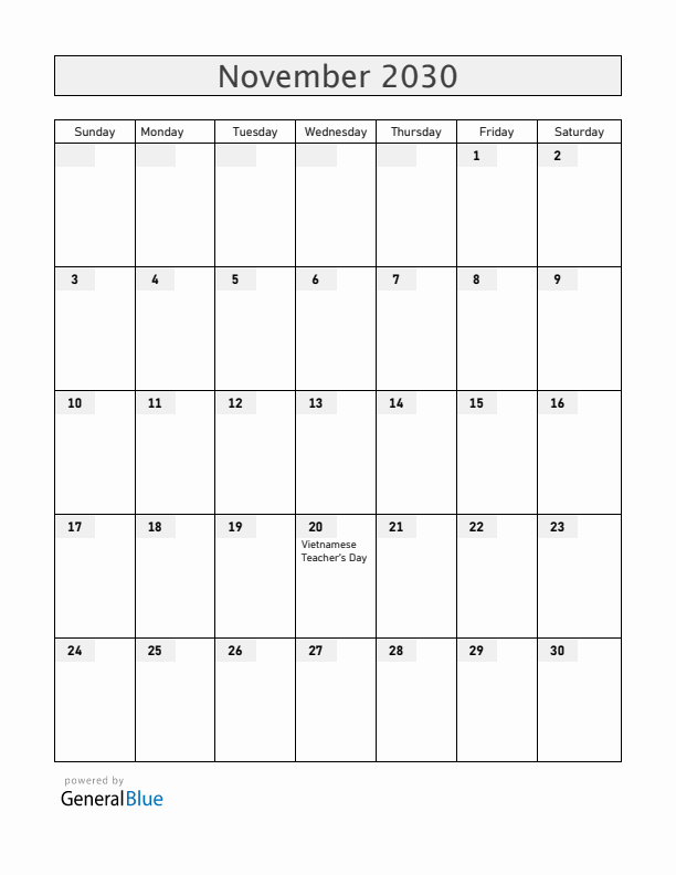 Vietnam November 2030 Calendar with Holidays