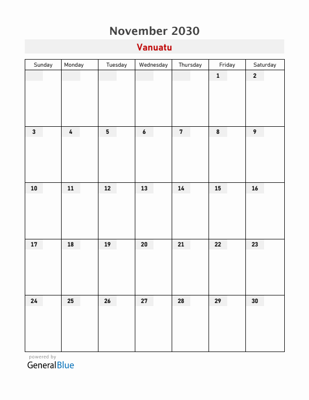 Vanuatu November 2030 Calendar with Holidays