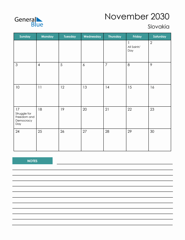 Calendar with Notes Printable - Sunday Start