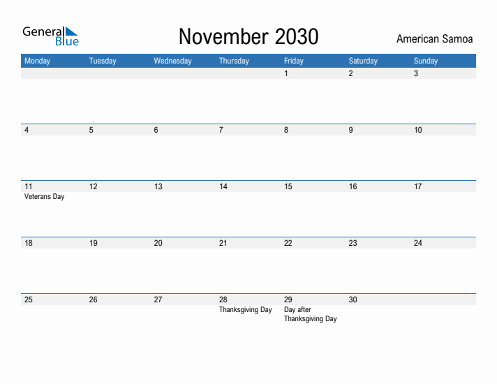 Fillable November 2030 Calendar