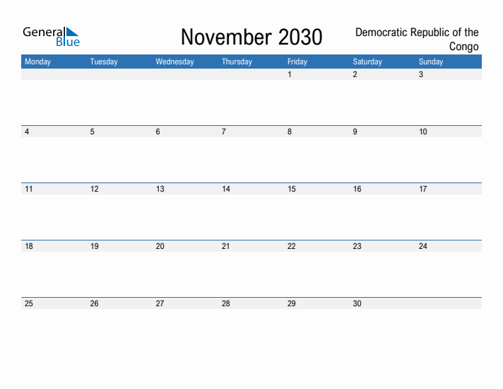 Fillable November 2030 Calendar