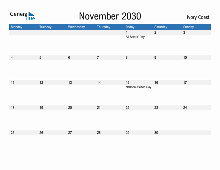Fillable November 2030 Calendar
