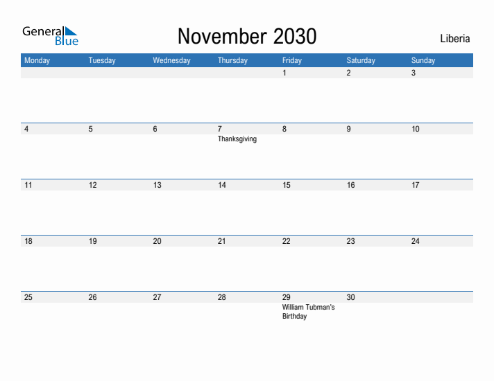 Fillable November 2030 Calendar