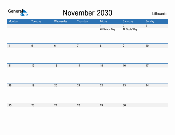 Fillable November 2030 Calendar