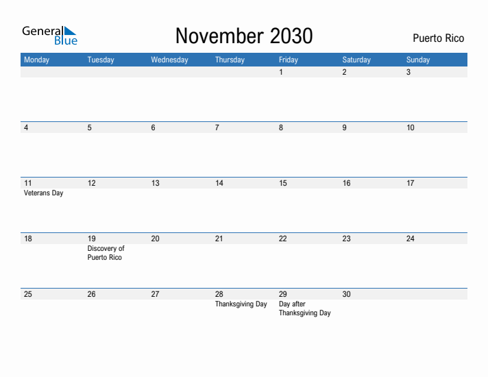 Fillable November 2030 Calendar