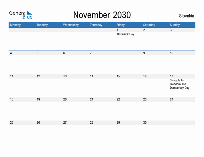 Fillable November 2030 Calendar