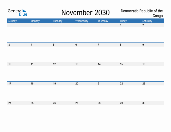 Fillable November 2030 Calendar