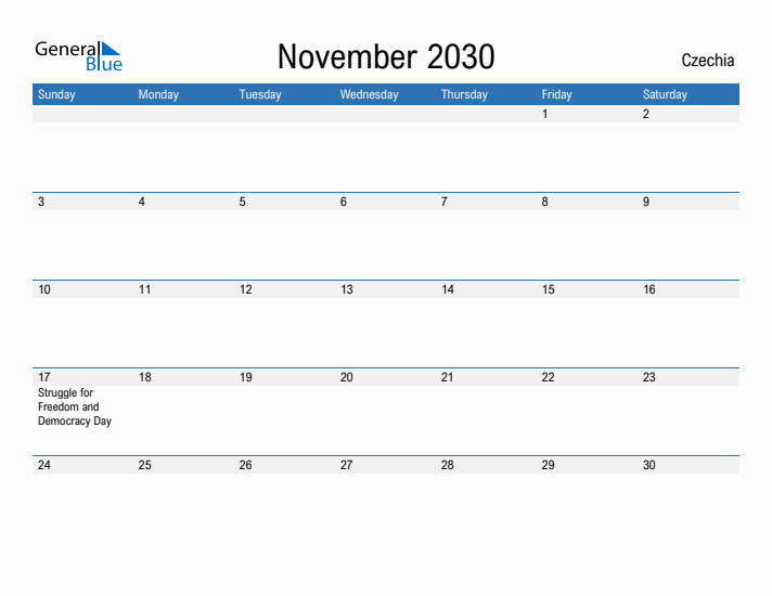 Fillable November 2030 Calendar