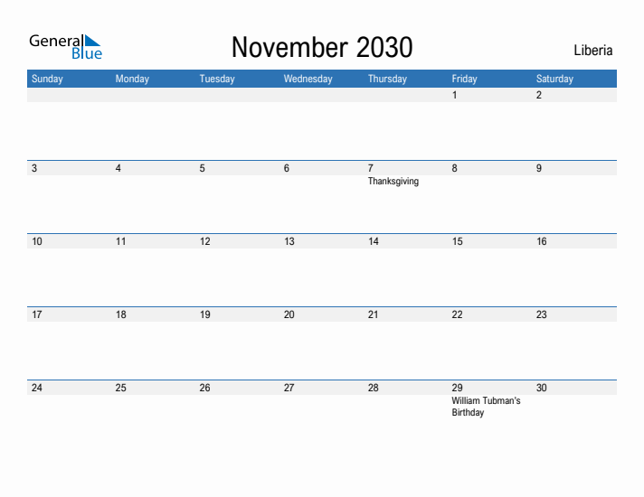 Fillable November 2030 Calendar