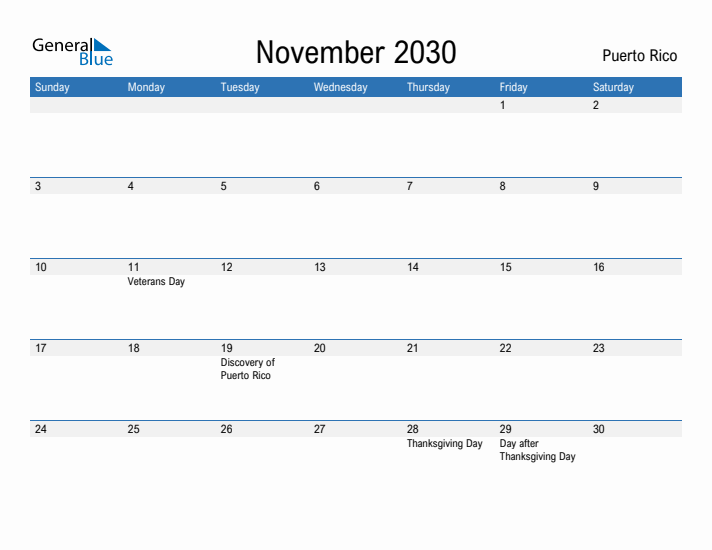 Fillable November 2030 Calendar