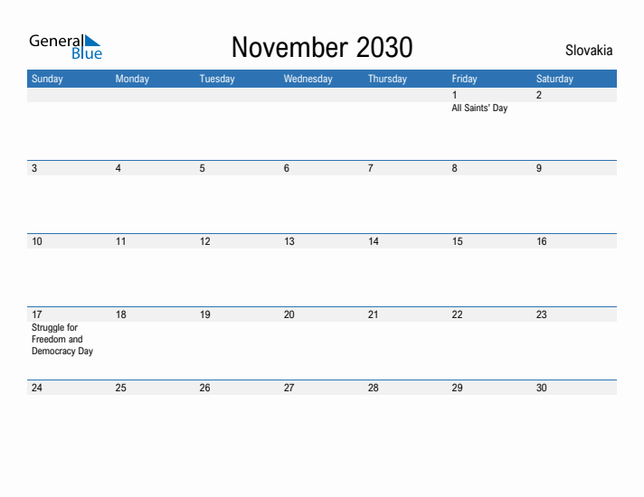 Fillable November 2030 Calendar