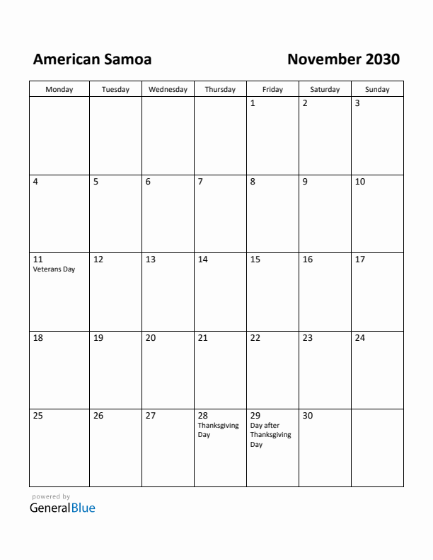 November 2030 Calendar with American Samoa Holidays