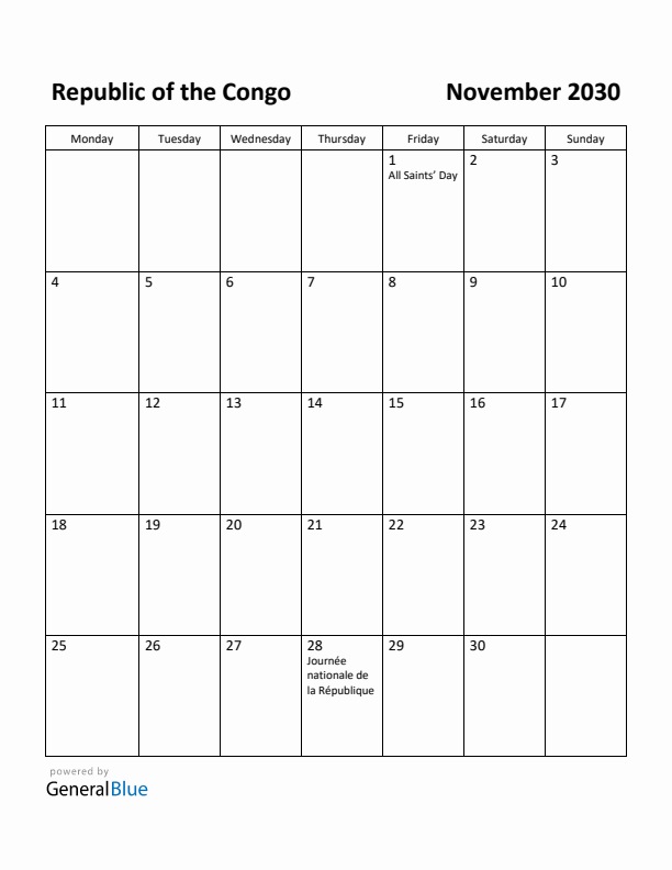 November 2030 Calendar with Republic of the Congo Holidays