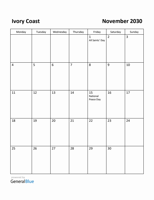 November 2030 Calendar with Ivory Coast Holidays