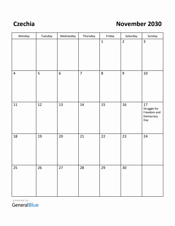 November 2030 Calendar with Czechia Holidays