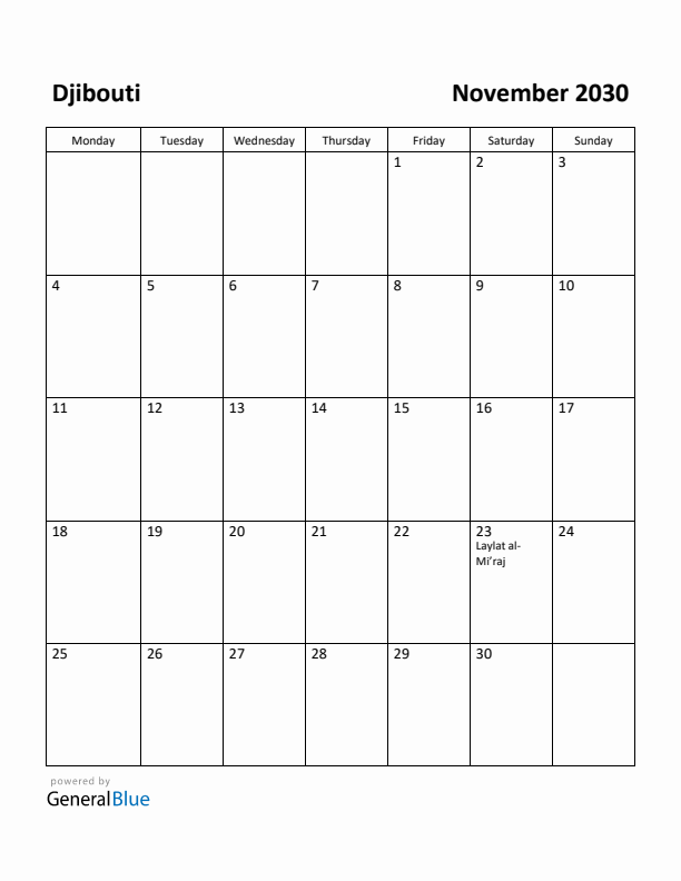 November 2030 Calendar with Djibouti Holidays