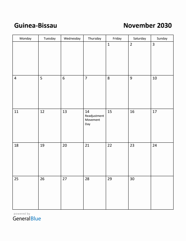 November 2030 Calendar with Guinea-Bissau Holidays