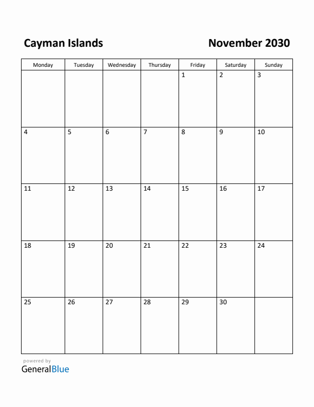 November 2030 Calendar with Cayman Islands Holidays